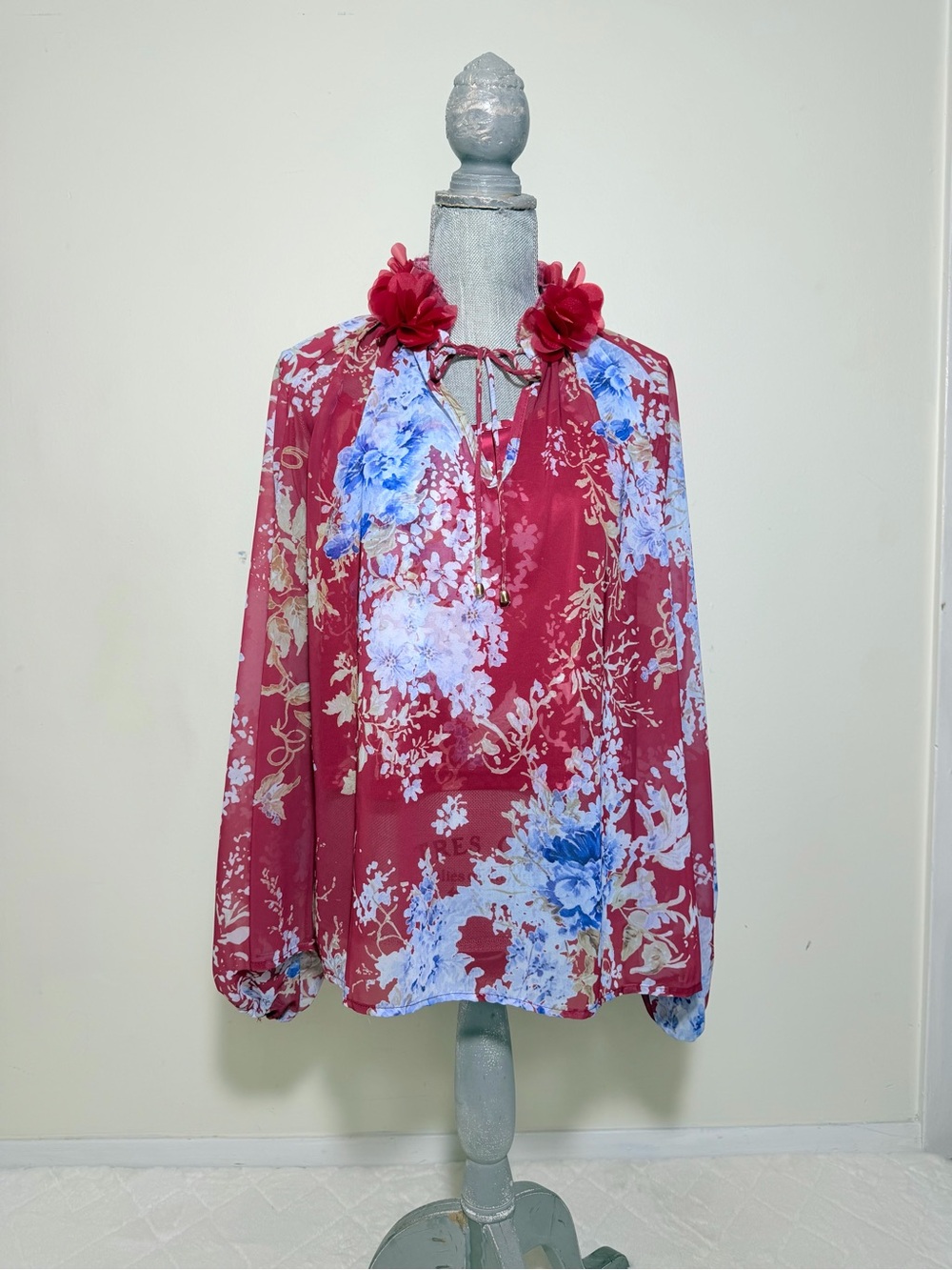 Chicways Pink Floral Blouse with Red Flower Accent